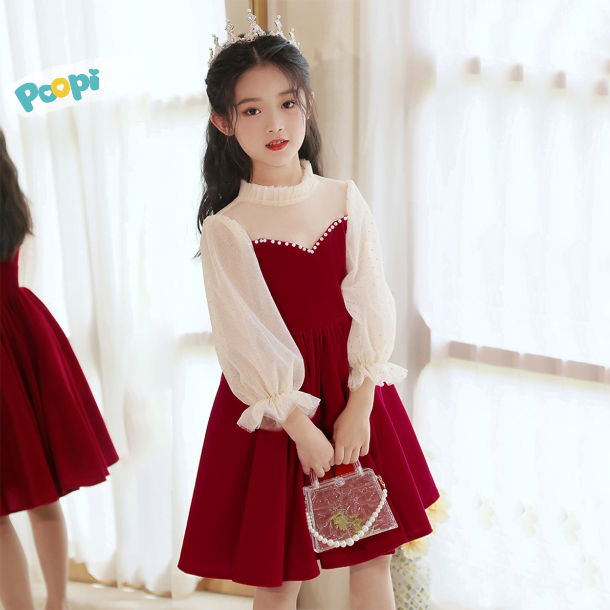 Váy Công Chúa Bé Gái Poopi Kiểu Voan Dài Tay Màu Đỏ Dễ Thương, Đầm Tết Cho Bé