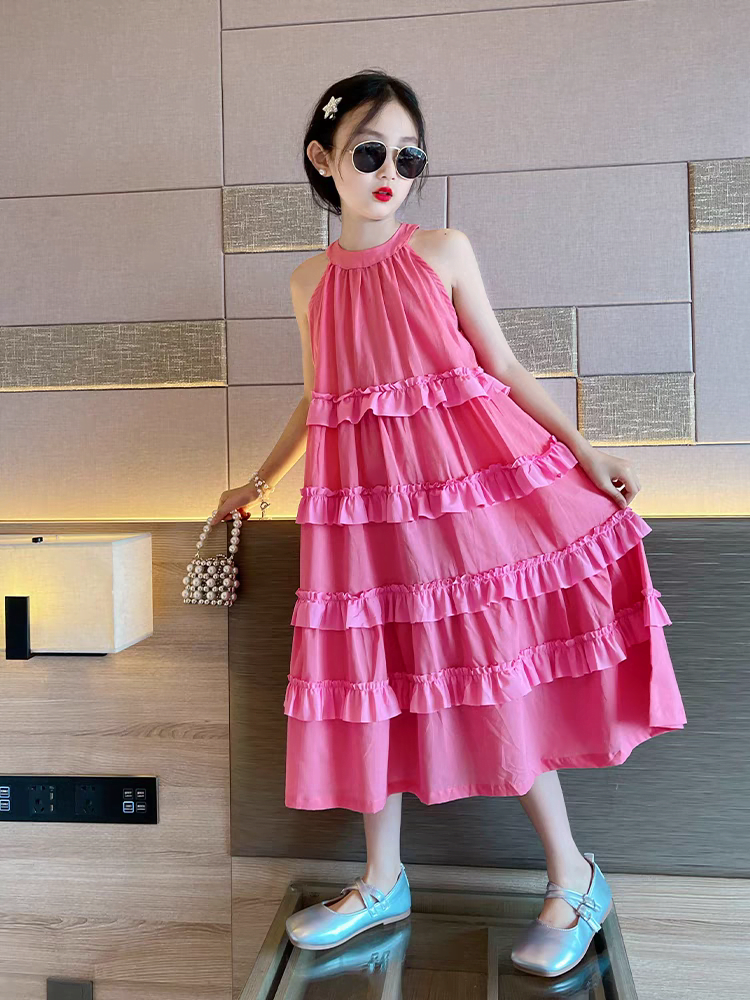 Váy Bé Gái Poopi Dáng Đầm Maxi Dài Cổ Yếm Phối Bèo Dễ Thương Cho Bé