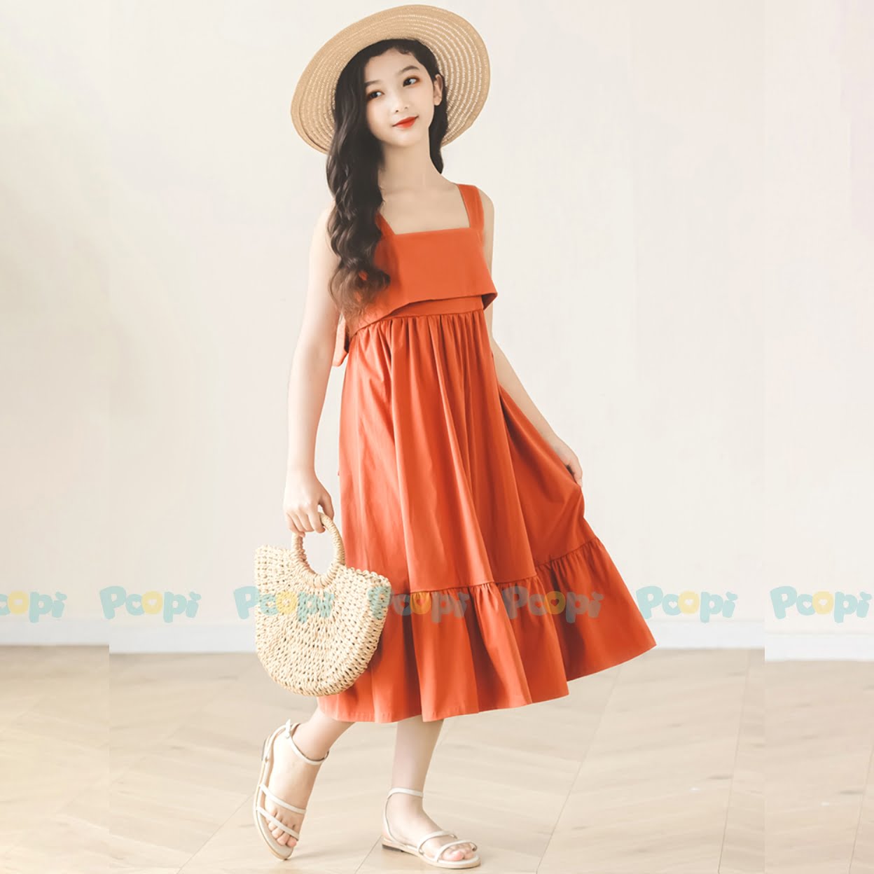 Đầm Maxi 2 Dây Poopi Dáng Dài Đi Biển Đi Chơi Dễ Thương Cho Bé Gái